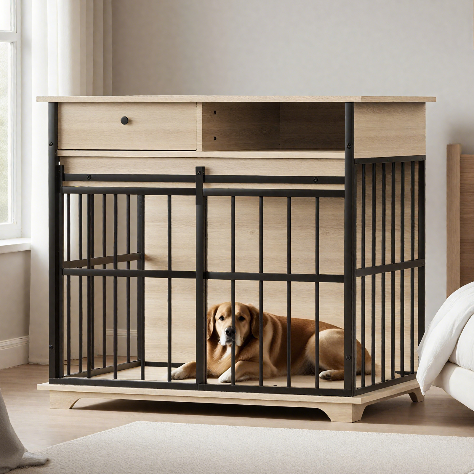 犬ベッド 木製ケージ家具 ライトオーク調 中・大型犬用 サイドテーブル