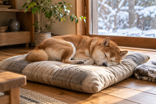 冬用の犬用座布団の上でぬくぬくと眠る柴犬