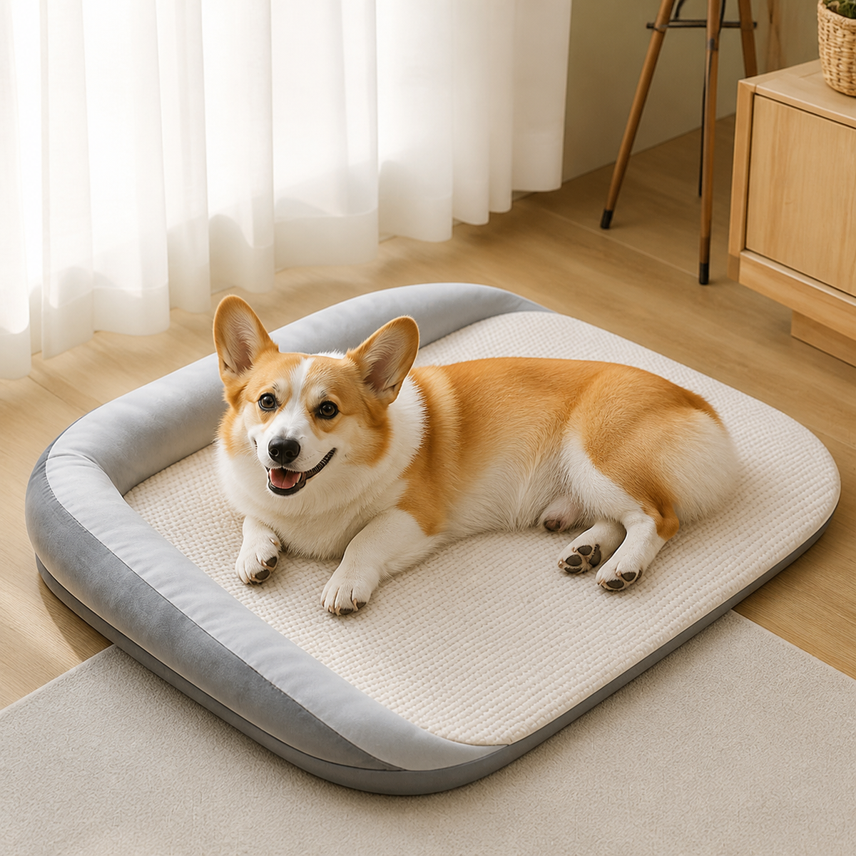 犬ベッド マット型 プラッシュ 冷感 洗える 中型犬〜大型犬 の使用イメージ