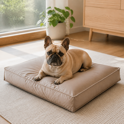 犬ベッド クッション型 カーキブラウン リビングでくつろぐ様子