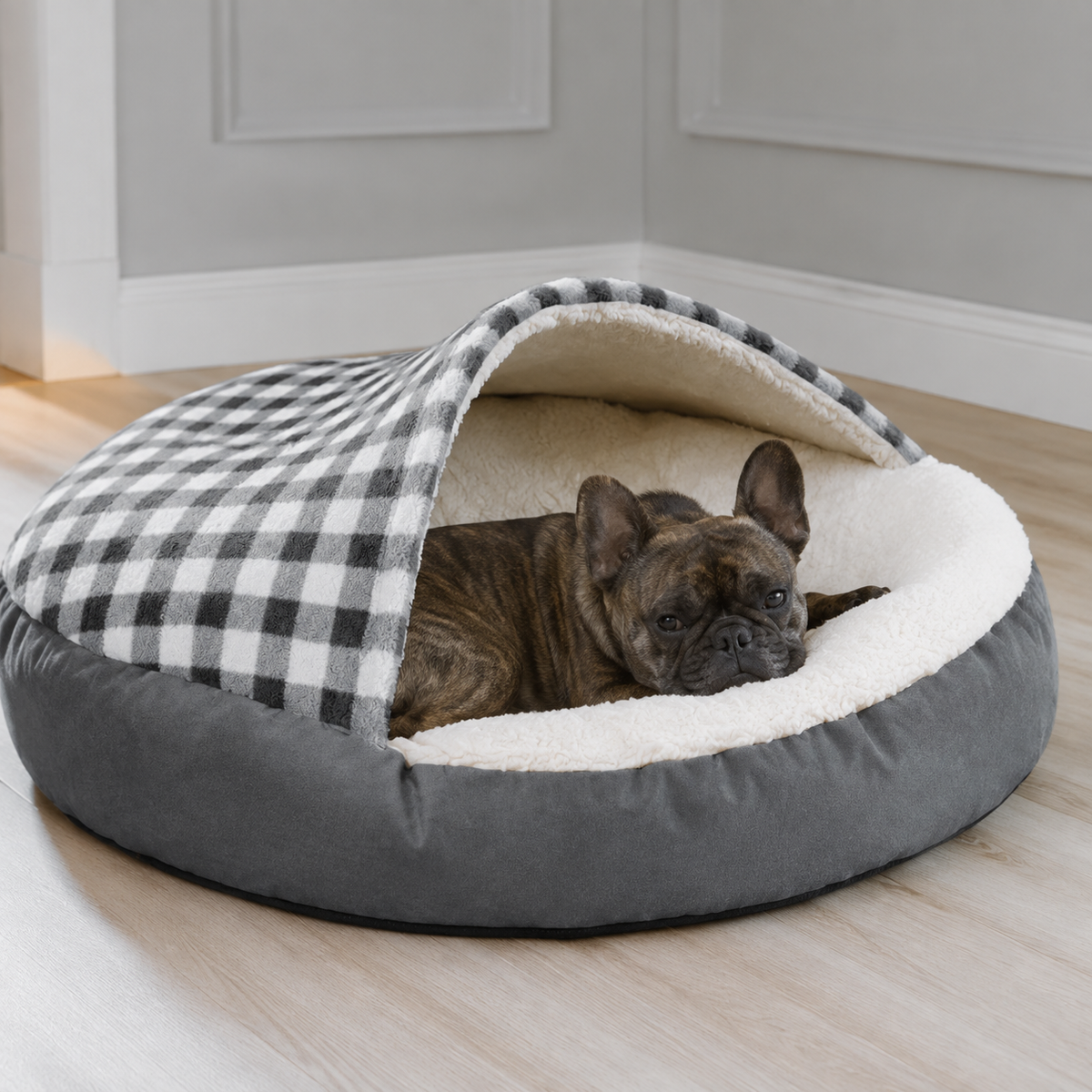 犬ベッド ドーム型 プラッシュ チェック の使用イメージ