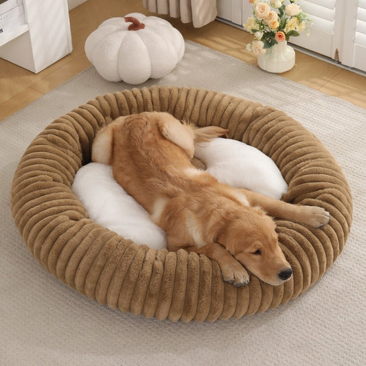 犬ベッド ラウンド型 ボア 大型犬 ストライプ