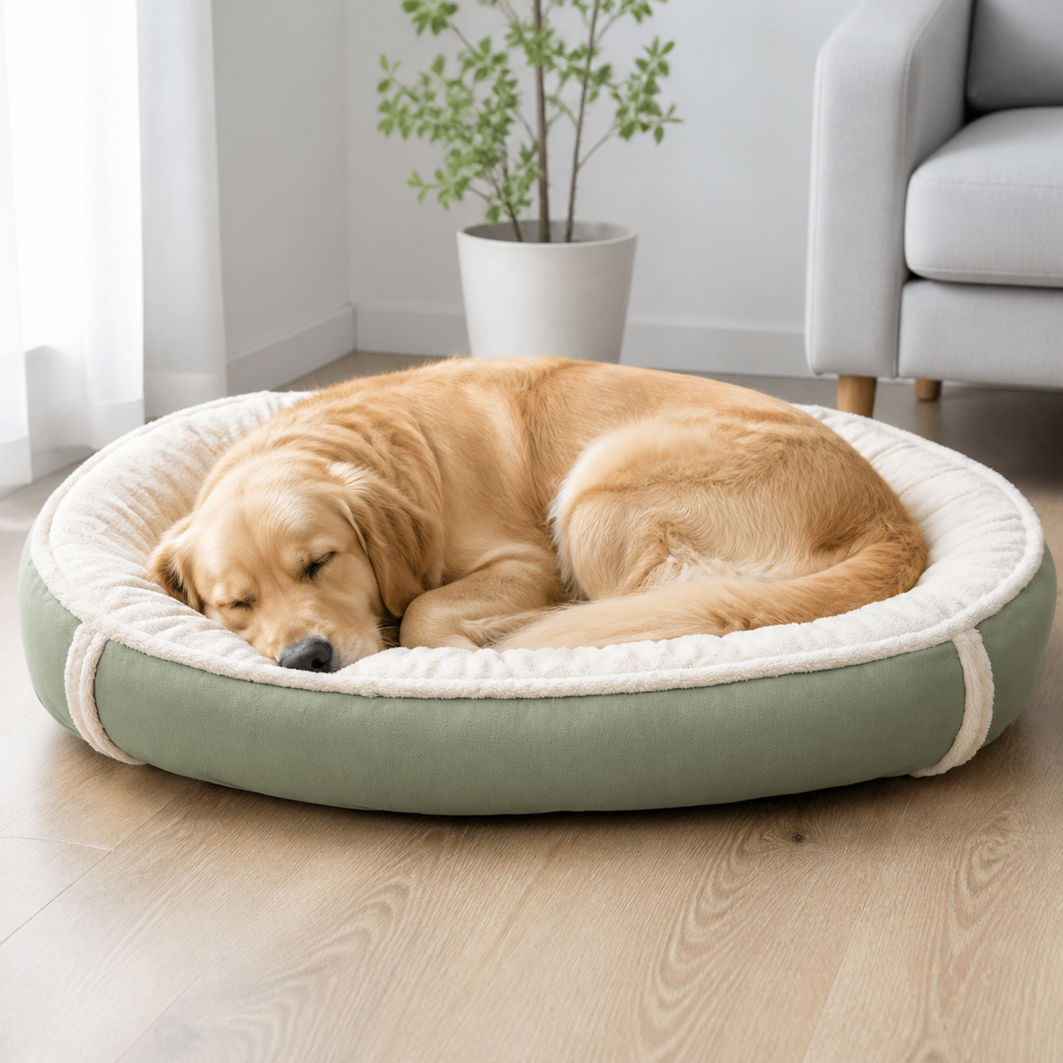 犬ベッド カドラー グリーン モダンなリビングでくつろぐ様子