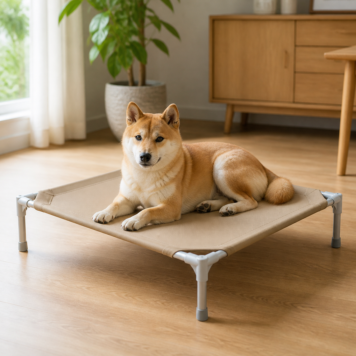 犬ベッド 高床式メッシュベッド 冷感通気 中大型犬対応（スエードクッション選択可） の使用イメージ