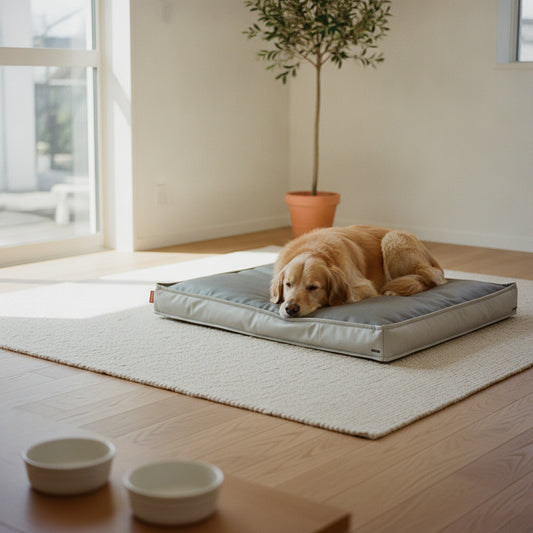リビングに置いた犬ベッド マット型 低反発ウレタン 防水 中型犬〜大型犬でくつろぐ犬