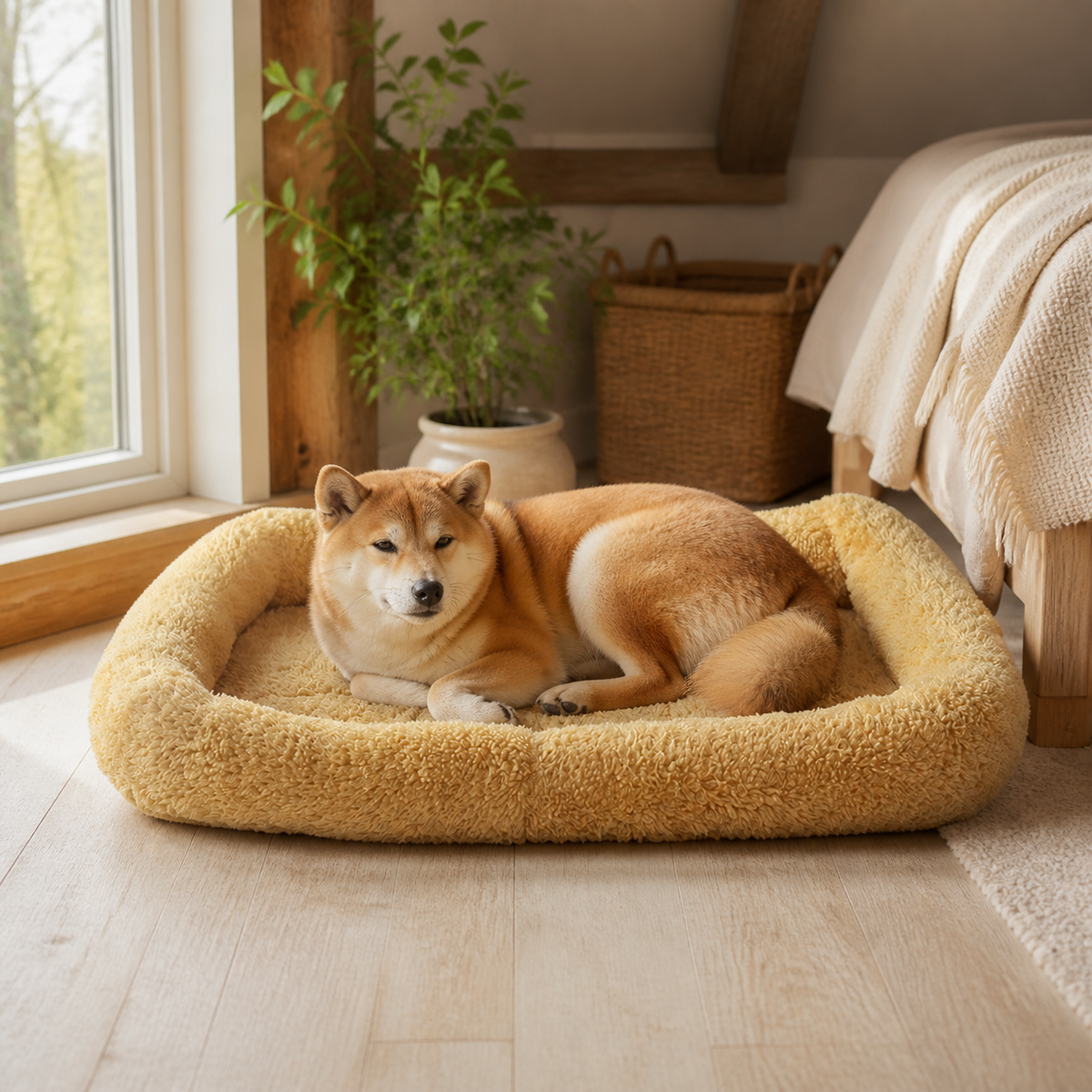 犬ベッド カドラー 四季対応 - イエロー 北欧寝室でのインテリア使用イメージ