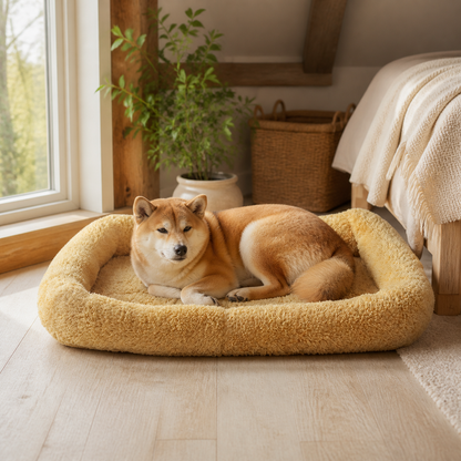 犬ベッド カドラー 四季対応 - イエロー 北欧寝室でのインテリア使用イメージ