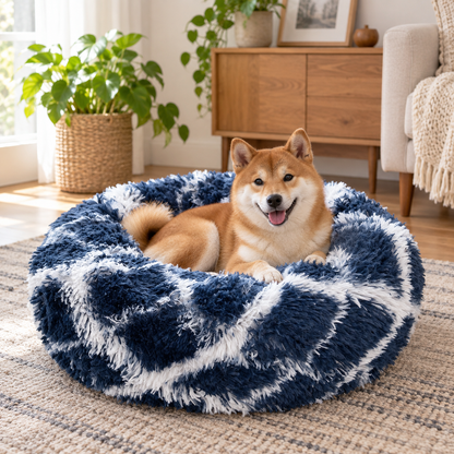 ブルー 犬用丸型クッションベッド ナチュラルリビングでの使用イメージ