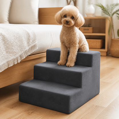 犬用3段ペットステップ ブルー ベッド脇での使用イメージ