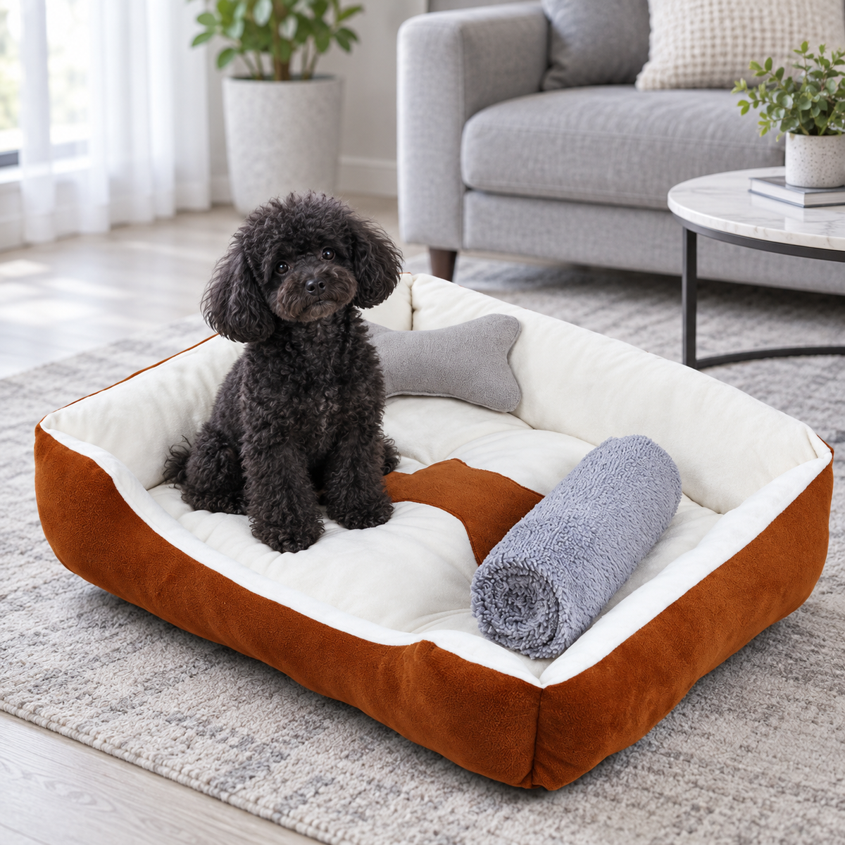 ブラウン 犬用ケージベッド モダンリビングでの使用イメージ