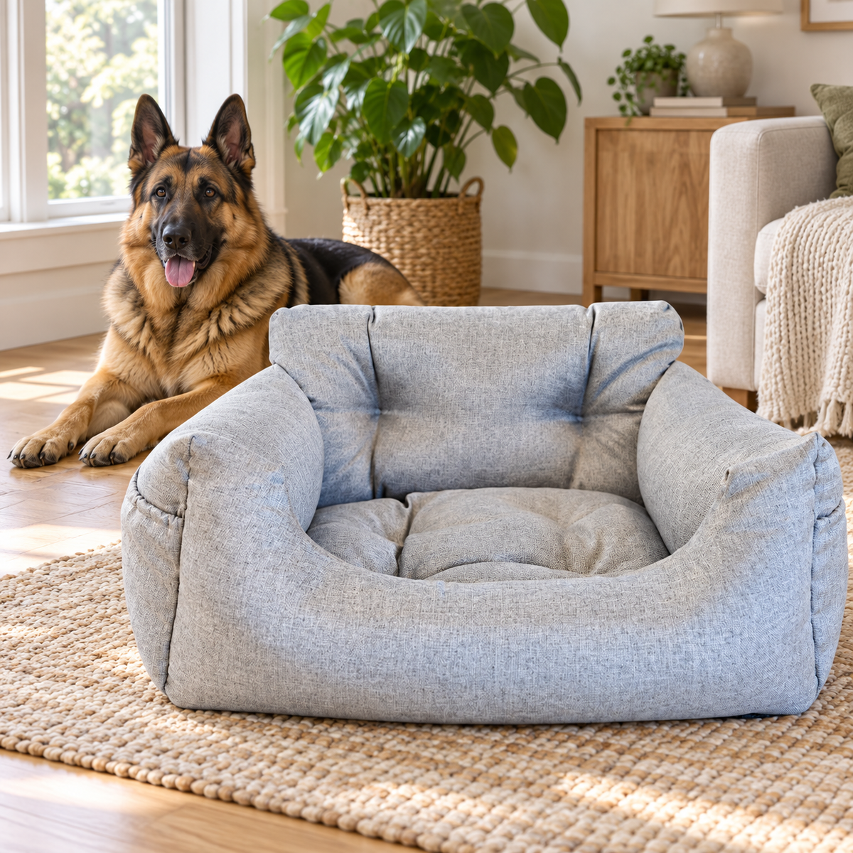 犬ベッド ケージ用 プラッシュ 洗える 車用 ライトグレー ナチュラルリビングシーン