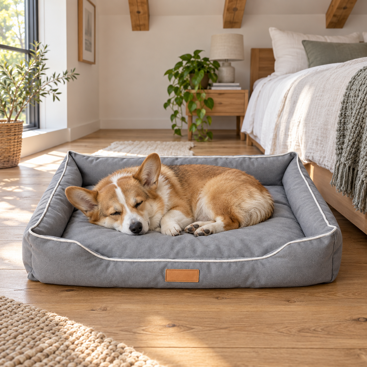 犬ベッド グレー 北欧風寝室 使用イメージ