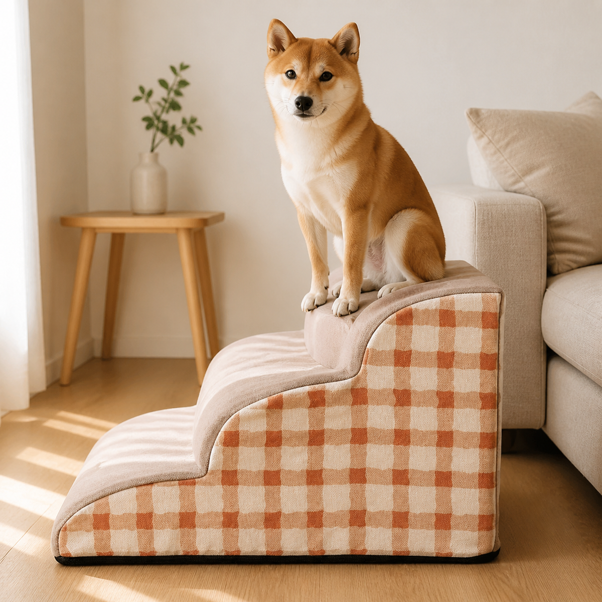 ペット用階段 4段ステップ ベッドサイド踏み台 洗えるカバー 犬用 の使用イメージ
