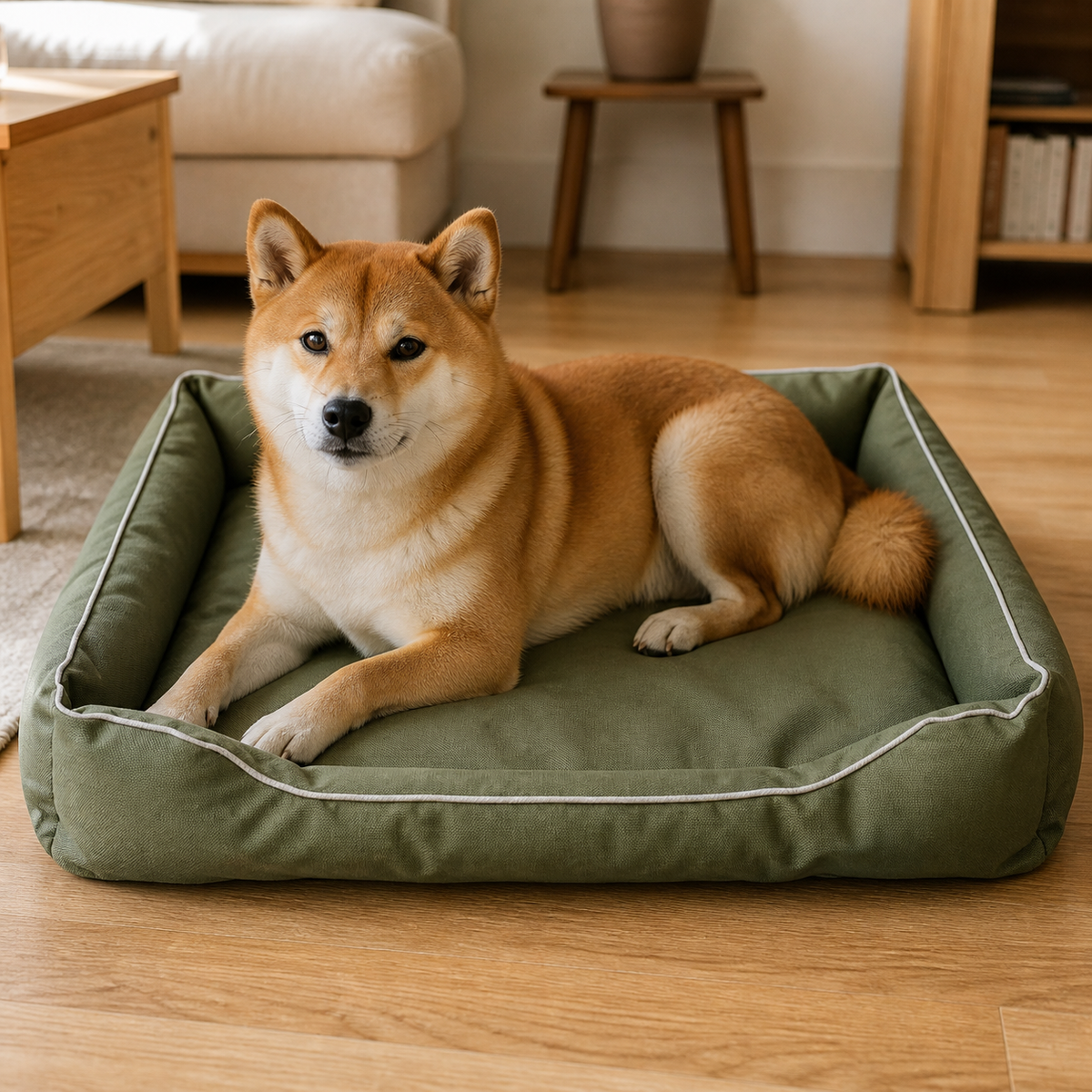 犬用長方形クッションベッド アーミーグリーン ナチュラルリビングでの使用イメージ