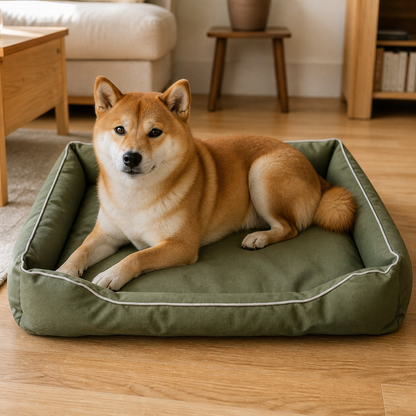 犬用長方形クッションベッド アーミーグリーン ナチュラルリビングでの使用イメージ