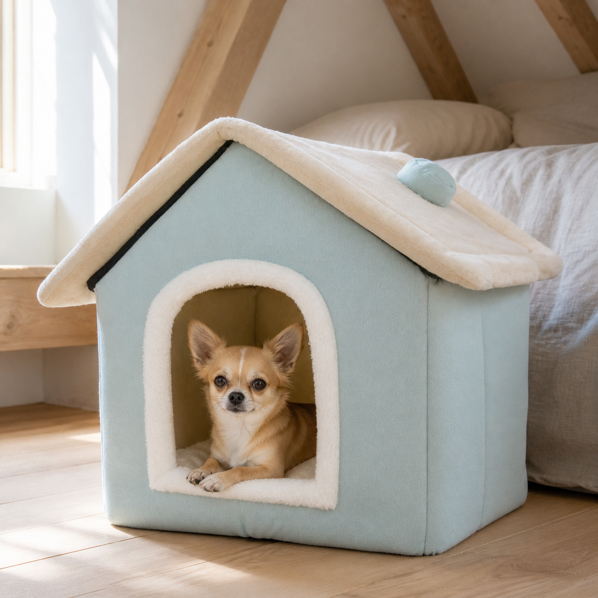犬ベッド ドーム型 ハウス型 北欧風寝室での使用イメージ