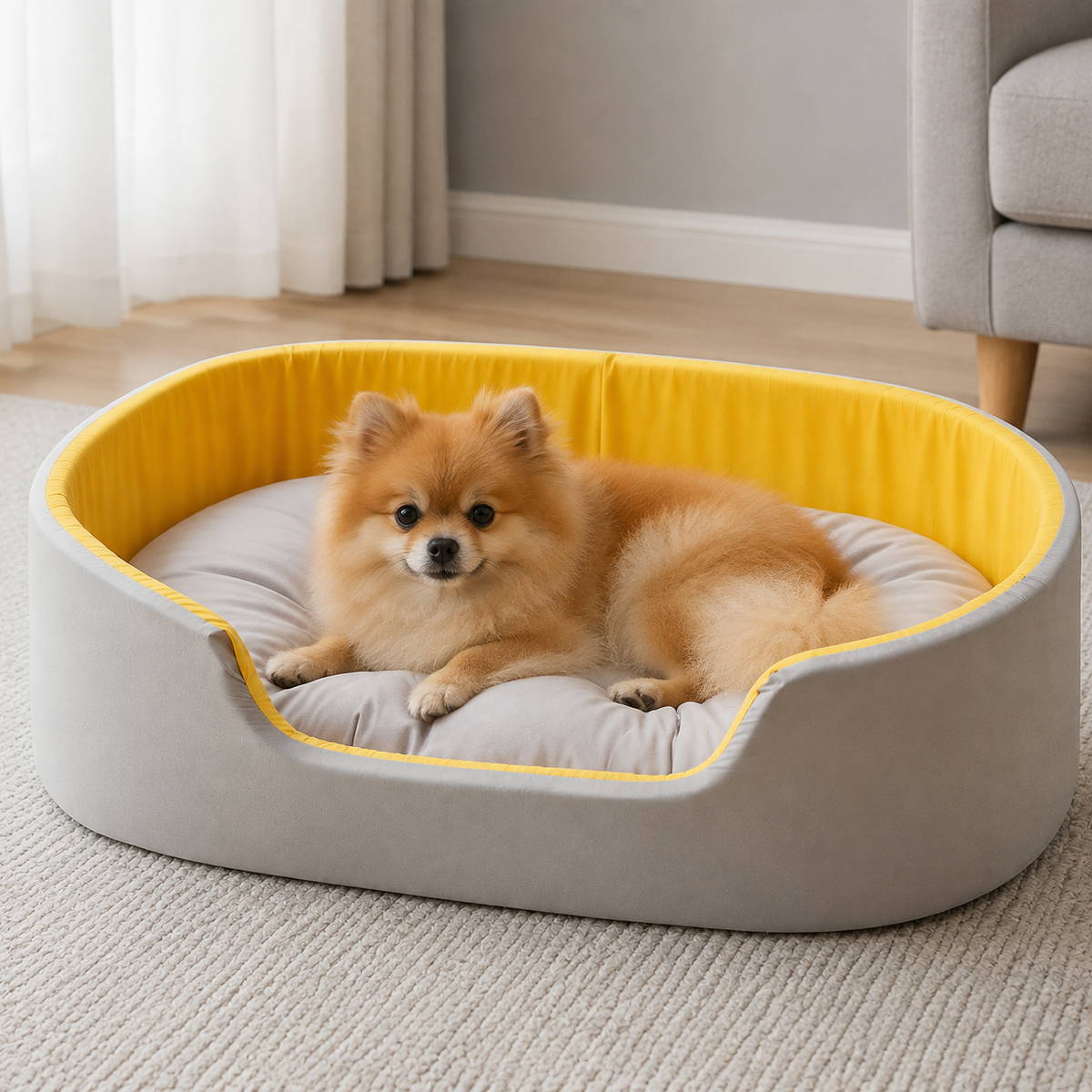 犬ベッド ドーム型 イエロー モダンな部屋での使用イメージ